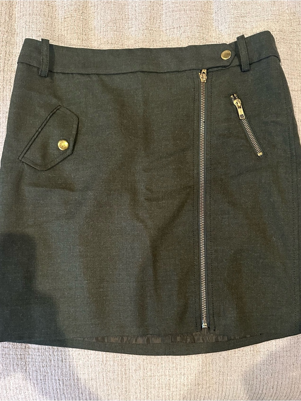 J. Crew Olive Mini Skirt with Gold Zipper Details